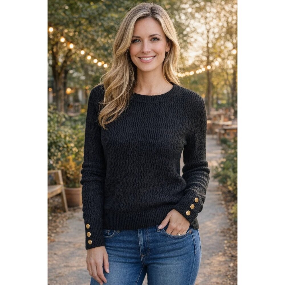 Venus size Small Black Sweater With Button Detail Ribbed Knit Design
